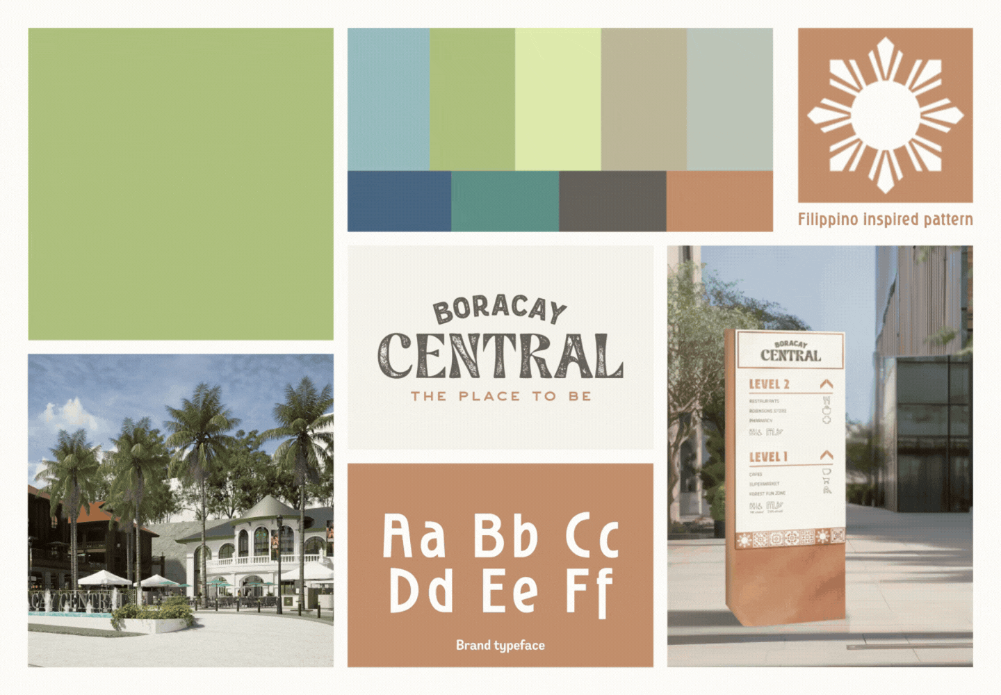 Visual Core Elements, Visual system of Boracay Central, with the amber glade palette, brand values and photography for retail and lifestyle branding